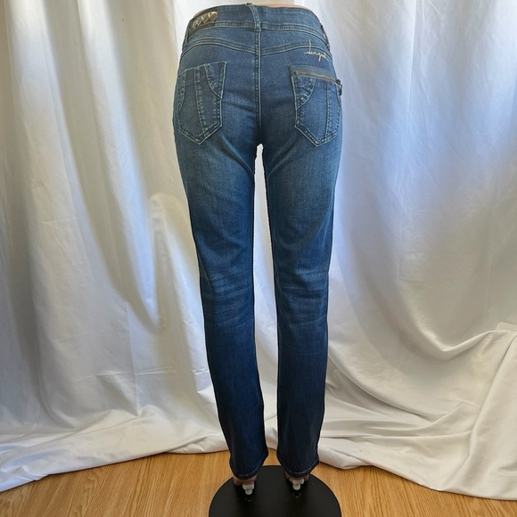 DESIGUAL BLUE STRETCH JEANS EMBROIDERED PATCHWORK DESIGN WASH JEANS PLUS SIZE 34 - Picture 4 of 13